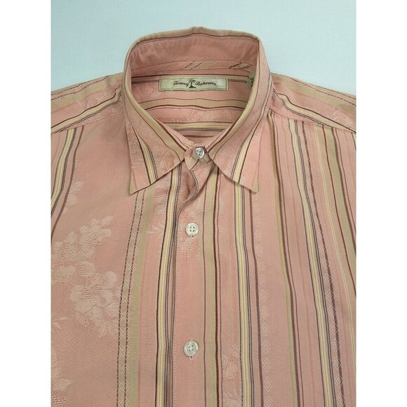 Tommy Bahama Size Medium Mens Salmon Strip Silk Blend Logo Tag Long Sleeve Shirt - Picture 12 of 12